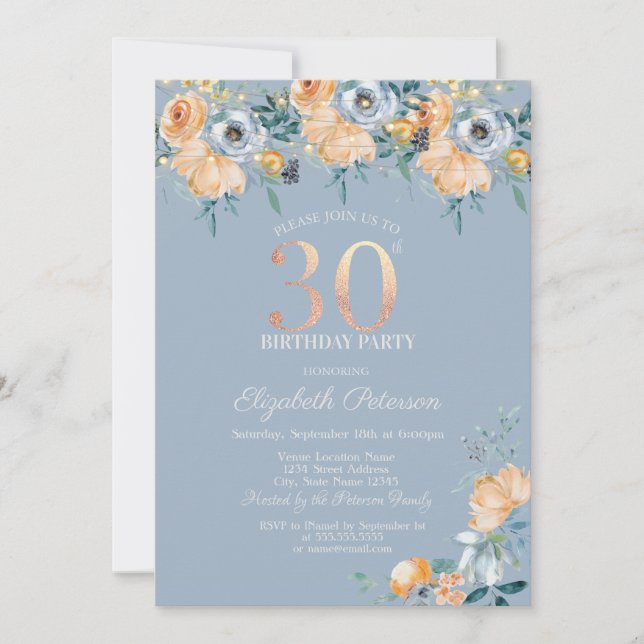 Invitación Cadena de rosas ilumina Dusty Blue 30 cumpleaños (Anverso)