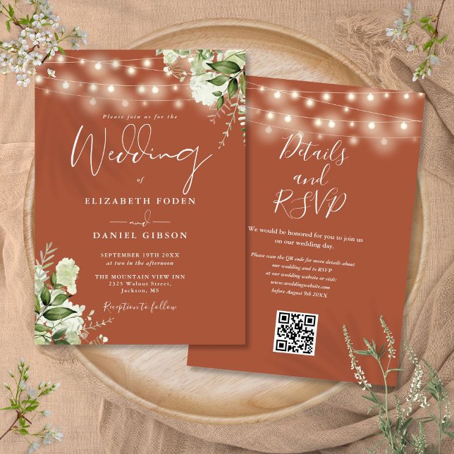 Invitación Cadena de terracota Ilumina Boda de código QR flor (Terracotta String Lights Floral QR Code Wedding Invitation)