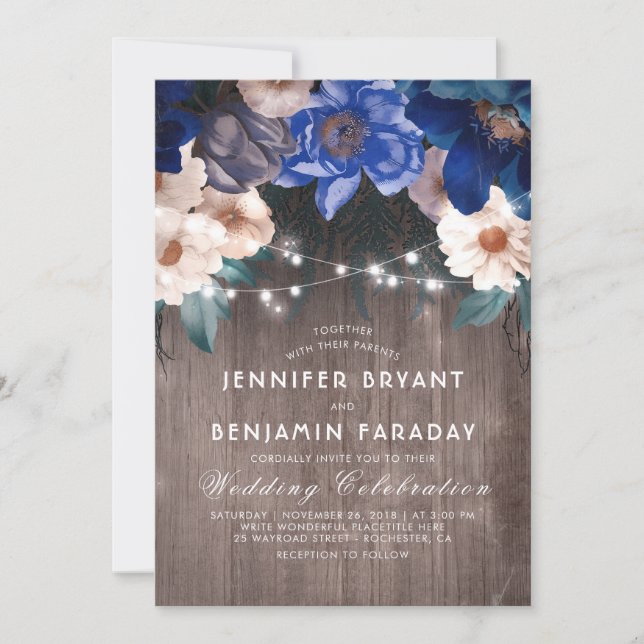 Invitación Cadena floral azul de la marina enciende boda de o (Anverso)