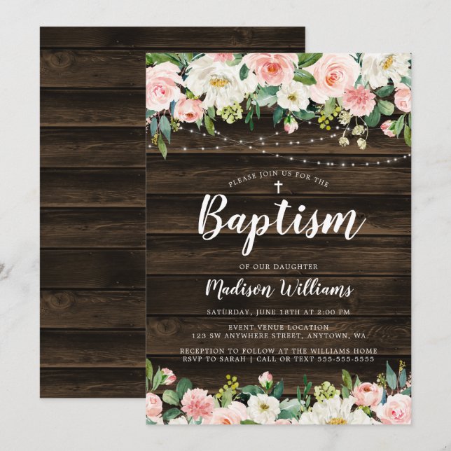 Invitación Cadena floral rosa rusa ilumina bautismo Chica (Anverso / Reverso)