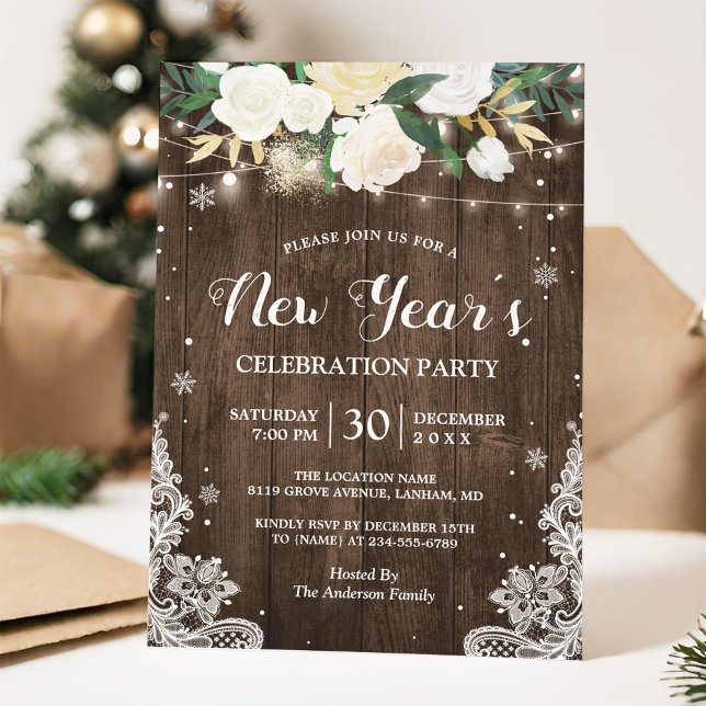 Invitación Cadena floral rústica ilumina a Fiesta de Año Nuev (Subido por el creador)