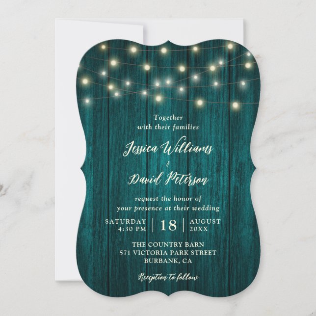 Invitación Cadena Ilumina Rústico País Boda de Madera Verde a (Anverso)