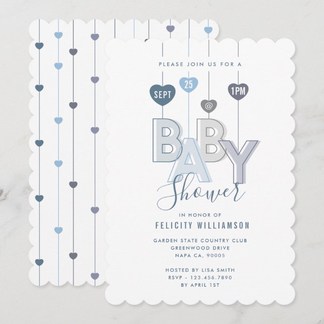 Invitación Cadena moderna Blue Baby Letters Hearts Baby Showe (Anverso / Reverso)
