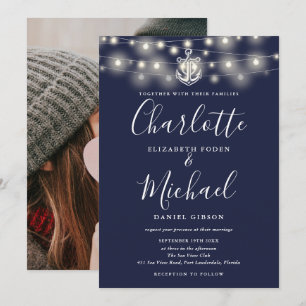 Invitación Cadena náutica ilumina a Boda de fotos azul de la 