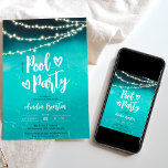 Invitación Cadena nocturna luces piscina azul fiesta Sweet 16<br><div class="desc">Haz un chapuzón con nuestras frescas luces de cuerda de noche Sweet 16 invitaciones de cumpleaños! Con luces de cuerda amarillas en un oscuro de agua de la piscina en azul, turquesa con un divertido y moderno tipo de letra y corazones de escritura de brocha. ... Perfecto para una dulce...</div>
