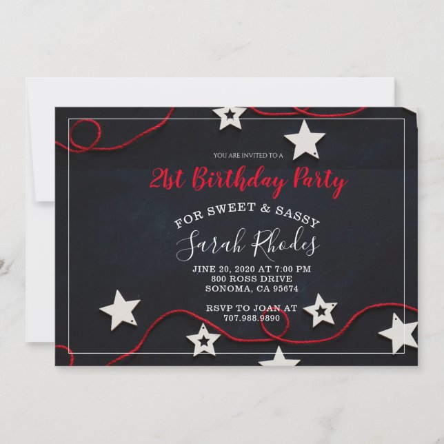 Invitación Cadena Roja y Estrellas Dulce Sassy 21 cumpleaños (Anverso)