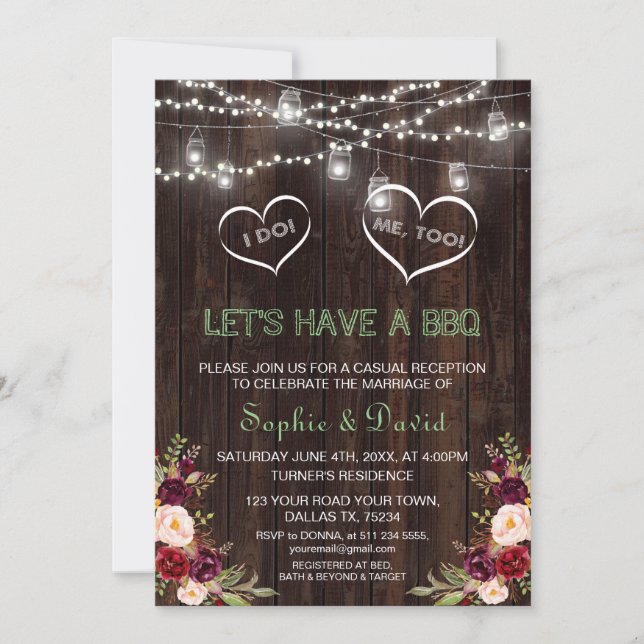 Invitación Cadena Rusa Rojo Floral Ilumina Madera I DO BBQ (Anverso)