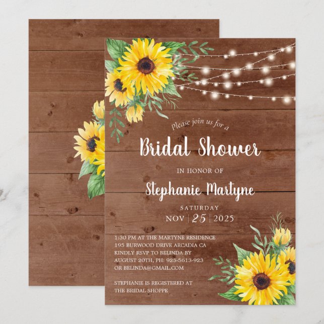 Invitación Cadena Rustic Sunflower Ilumina ducha de novia (Anverso / Reverso)