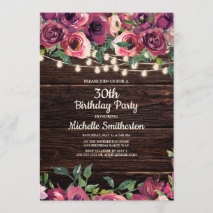 Invitación Cadena rústica ilumina la Floral púrpura 30 cumple