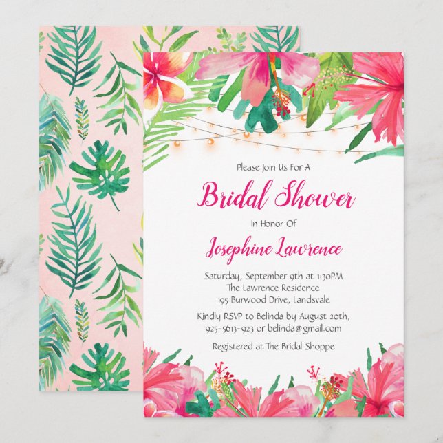 Invitación Cadena tropical ilumina ducha nupcial floral (Anverso / Reverso)