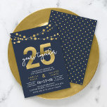 Invitación Cadenas azules de luces 25 años Boda<br><div class="desc">Elegante invitación a la Fiesta del 25 Aniversario con hilos de luces y "25" en oro falso con "años juntos" en blanco contra un fondo azul oscuro. La tarjeta incluye un patrón de correspondencias en la parte posterior. Consulta los elementos coincidentes, como pegatinas y sellos, aquí https://www.zazzle.com/collections/strings_of_lights_faux_gold_celebration_collection-119311942951401241?rf=238364477188679314 Personalízalo reemplazando el...</div>