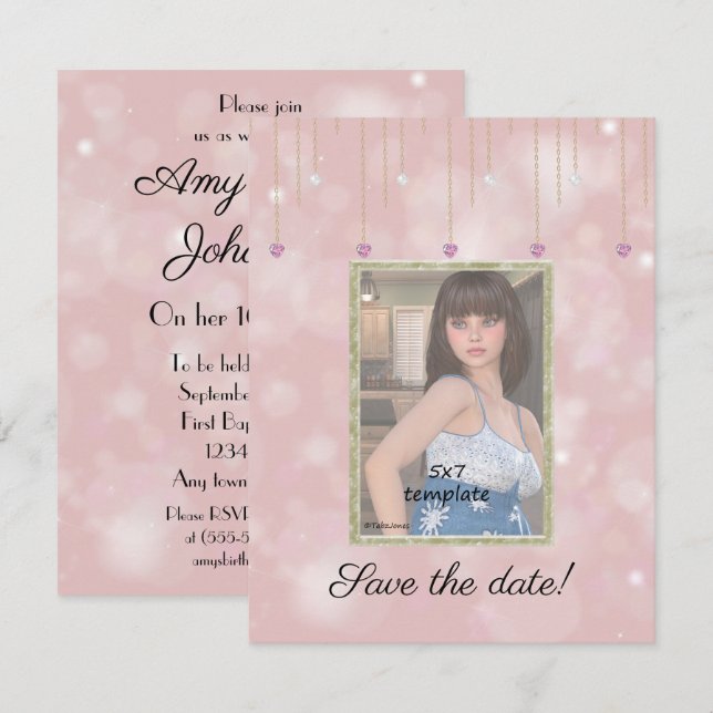 Invitación Cadenas de Diamantes Brillantes Dulces 16 Fotos (Anverso / Reverso)