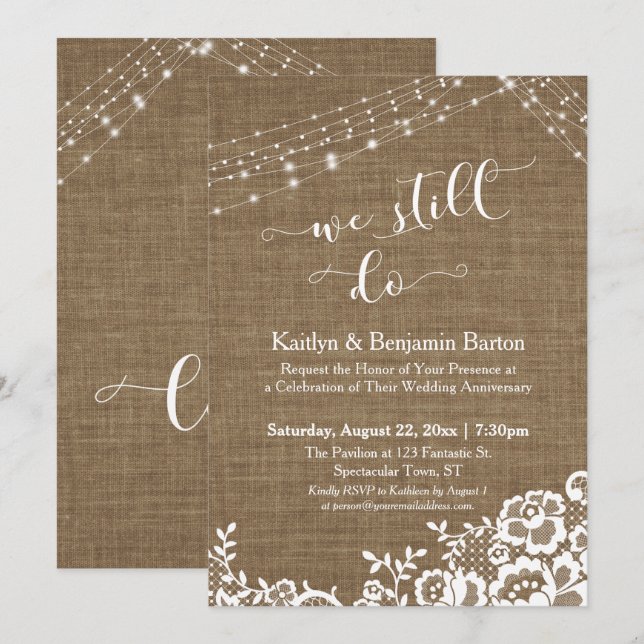 Invitación Cadenas de Luces con Encaje de Arpillera Seguimos  (Anverso / Reverso)