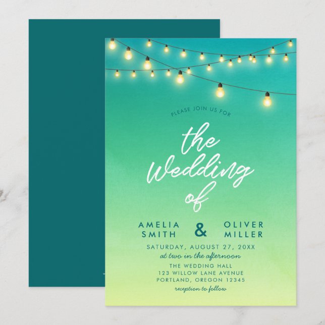 Invitación Cadenas de luces Watercolor Sea Glass Boda (Anverso / Reverso)