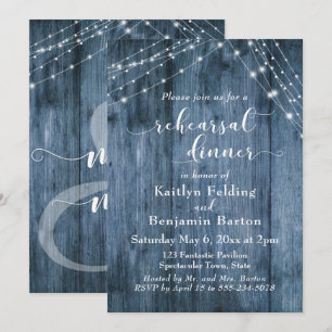 Invitación Cadenas de madera y luz azules rústicas para cena 