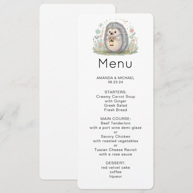 Invitación Cadorable Erizo con Menú de Linterna (Anverso / Reverso)