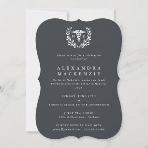 Invitación Caduceo de MD Gris+Cerco de Laurel Graduación