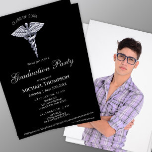 Invitación Caduceo de Plata Médico Graduación Oscura Foto
