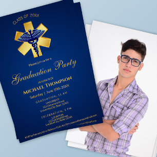 Invitación Caduceo Médico Azul Cruz Dorada de Graduación Foto