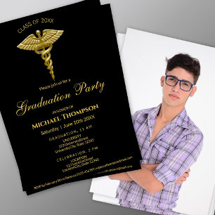 Invitación Caduceo Médico Dorado Graduación Negra   Foto