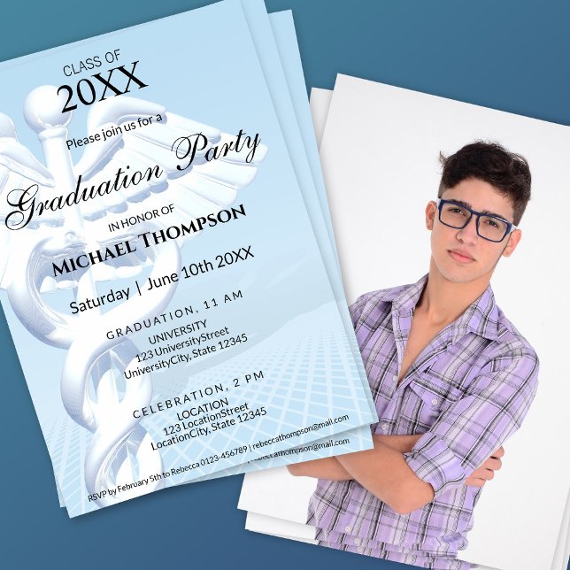 Invitación Caduceo Médico Moderno de Graduación | Foto (Subido por el creador)
