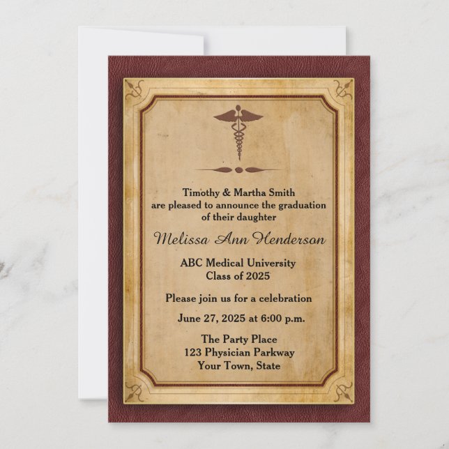 Invitación Caduceo, pergamino, Annoucement graduado médico (Anverso)