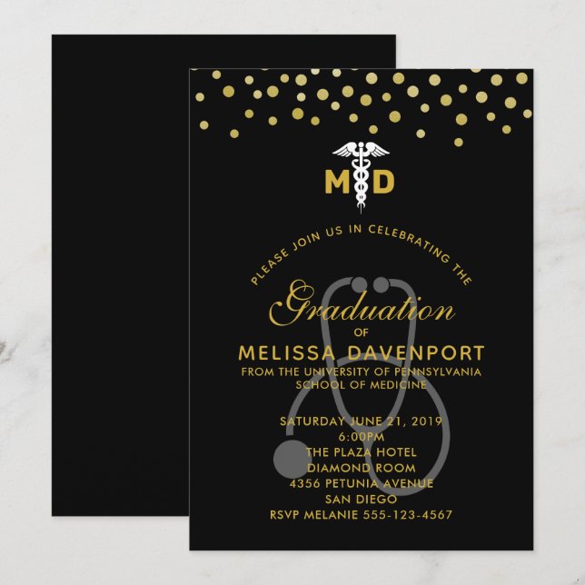 Invitación Caduceo y estetoscopio de médico graduado con esti (Anverso / Reverso)