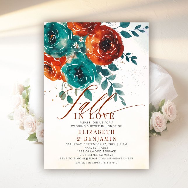 Invitación Cae Amo Verde azulado moderno Naranja Boda ducha d (fall in love wedding shower invitation teal burnt orange terracotta watercolor floral elegant rustic)