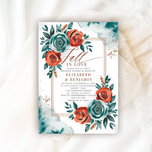 Invitación Cae amor Naranja Verde azulado Boda de marco de no (fall in love wedding shower invitation teal burnt orange terracotta watercolor calligraphy floral)