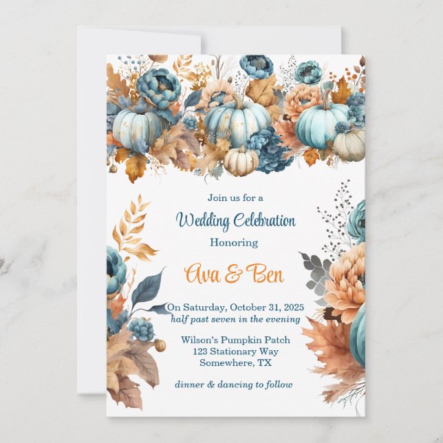 Invitación Cae azul y Naranja Calabaza Peony Boda (Anverso)