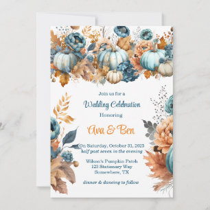 Invitación Cae azul y Naranja Calabaza Peony Boda