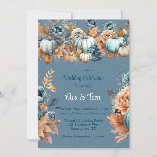 Invitación Cae azul y Naranja Calabaza Peony Boda (Anverso)
