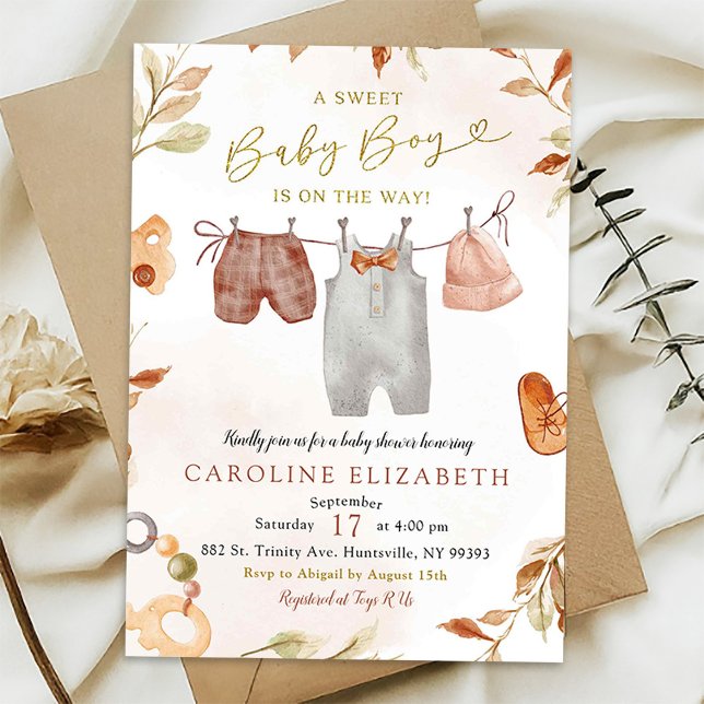 Invitación Cae Bohemian Cálido Tone Boy Clothes Baby Shower (Subido por el creador)