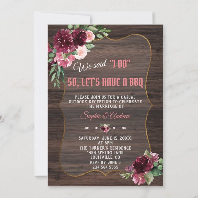 Invitación Cae Burgundy Rubor Wood Boda I DO BBQ (Anverso)