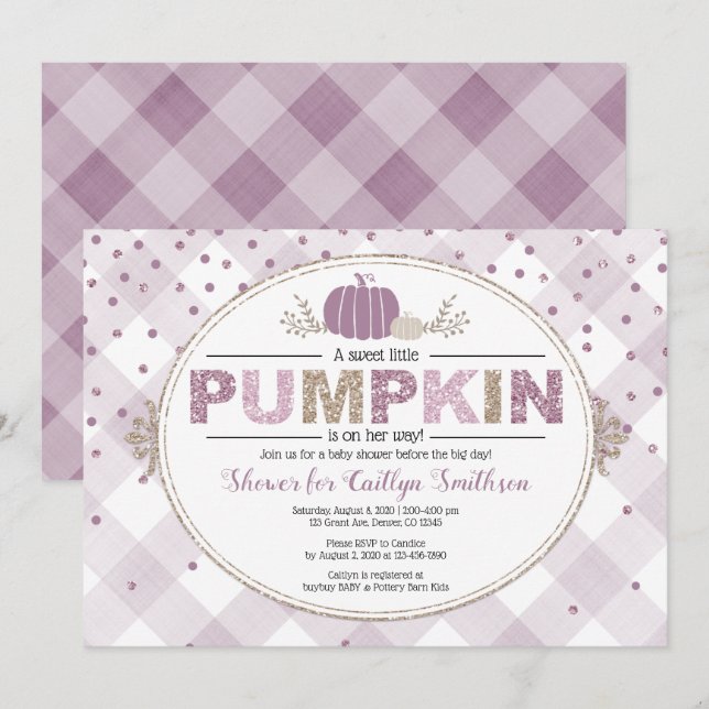 Invitación Cae calabaza ducha gingham confetti púrpura (Anverso / Reverso)