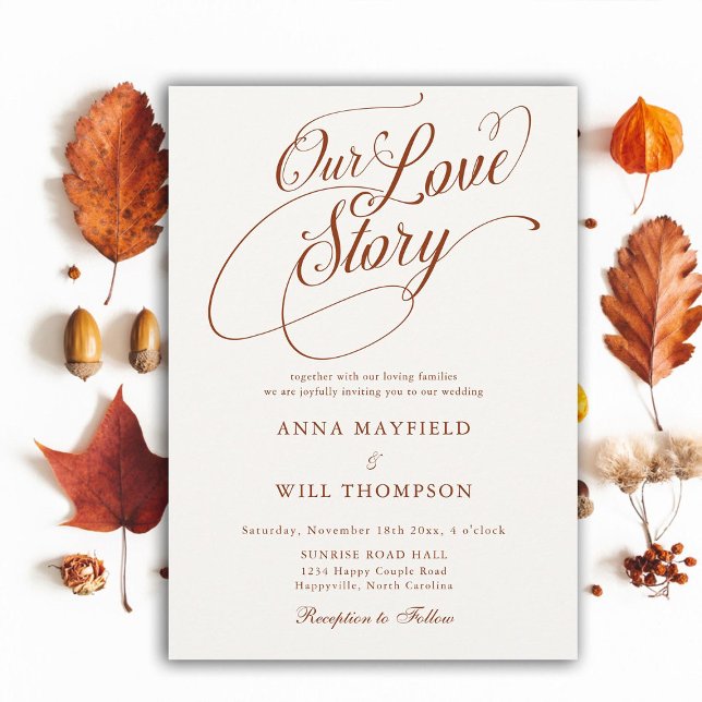 Invitación Cae caligrafía romántica Boda de nuestra historia  (our love story romantic calligraphy wedding invitation terracotta elegant modern classic formal)