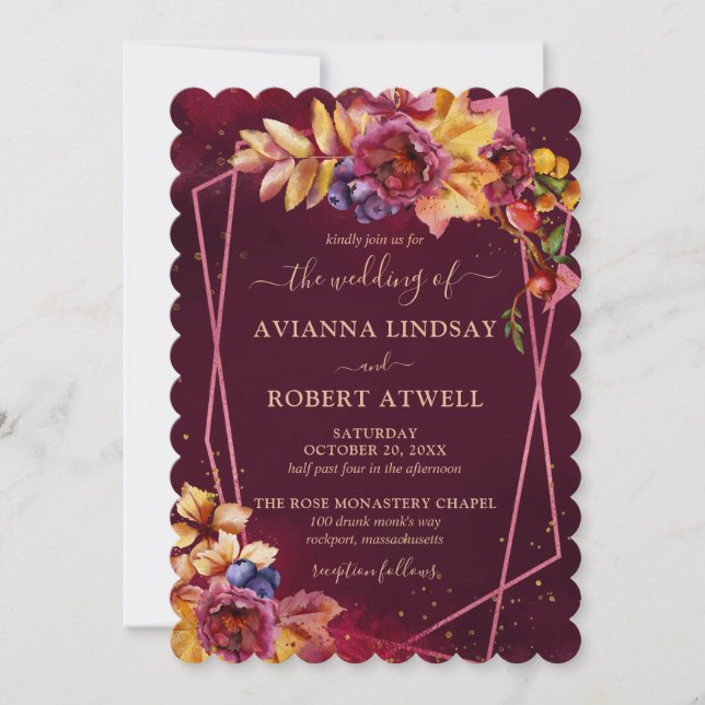Invitación Cae deja flores y Berries Boda de Borgoña (Anverso)