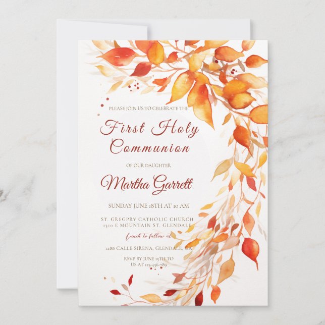 Invitación Cae deja la primera comunión amarilla y roja (Anverso)
