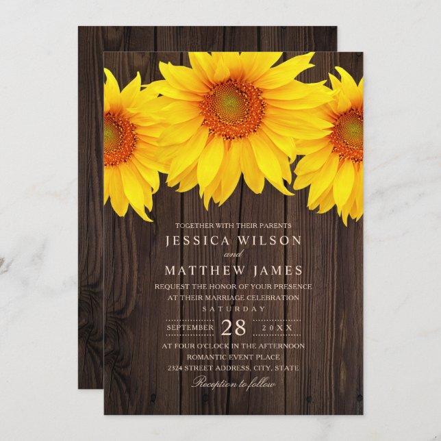 Invitación Cae el Boda del girasol Rústico en el campo (Anverso / Reverso)