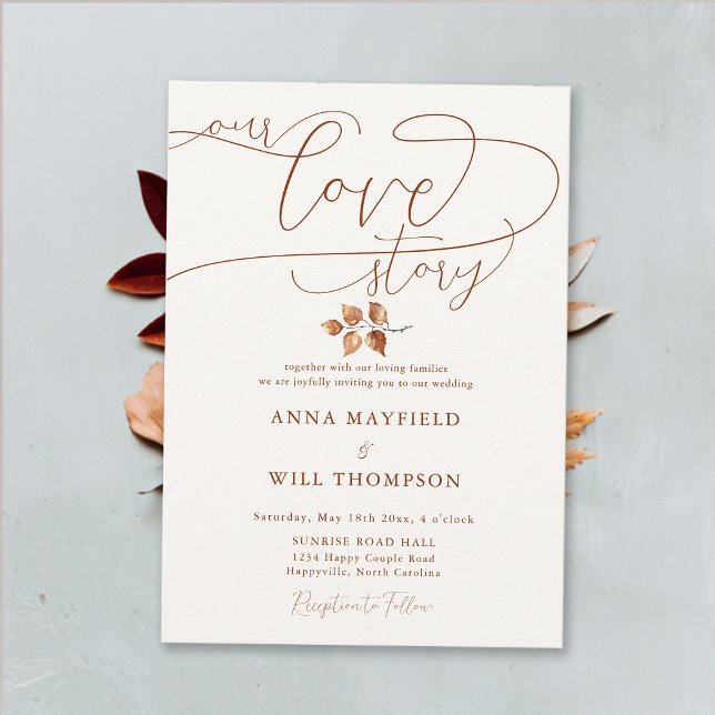 Invitación Cae elegancia caligrafía Boda de nuestra historia  (Our Love Story Romantic Elegant Calligraphy Fall Autumn Wedding Invitation Terracotta Burnt Orange)