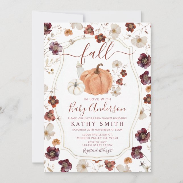 Invitación Cae en amor Autumn Wildflower Pumpkin Baby Shower (Anverso)