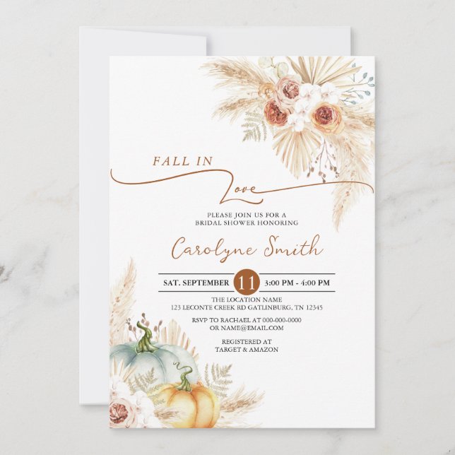 Invitación Cae en amor Boho Pampas ducha de hierbas para novi (Anverso)