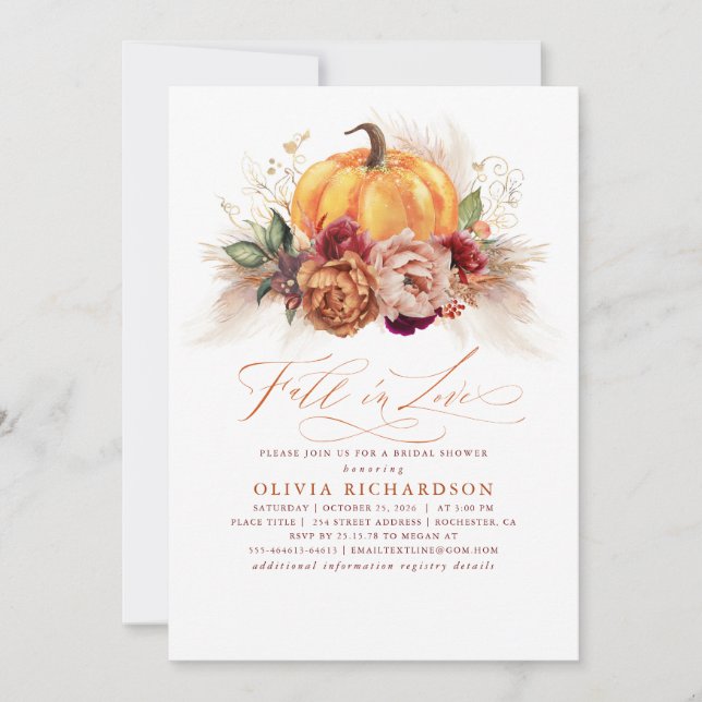 Invitación Cae en amor Bridal Ducha Flores de óxido Calabaza  (Anverso)