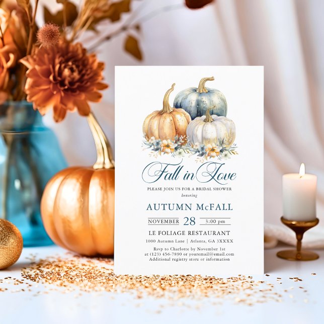 Invitación Cae en amor Bridal Shower Bavieras de oro Azul (Fall in Love Bridal Shower Gold Blue Pumpkins Invitation)