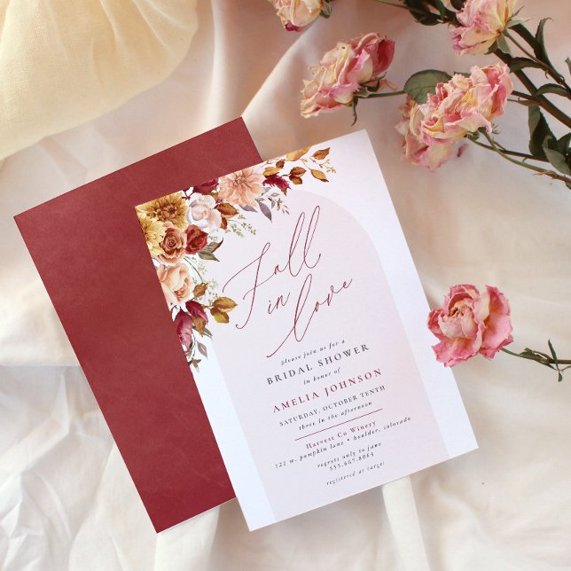 Invitación Cae en amor elegante ducha de novia floral (Fall in Love floral bridal shower invitation, watercolor flower corner border, script, modern)