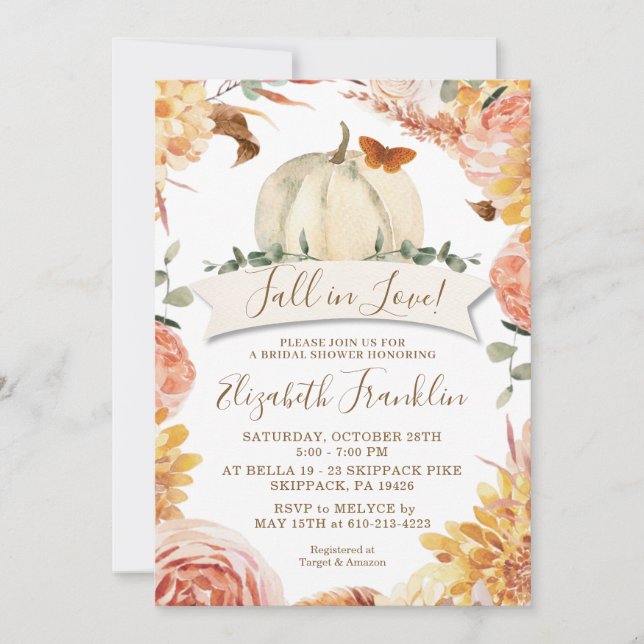 Invitación Cae en amor Floral y calabaza ducha de novia Inv (Anverso)
