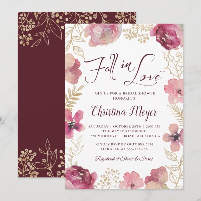 Invitación Cae en amor Oro Morado Floral Bridal Shower (Anverso / Reverso)
