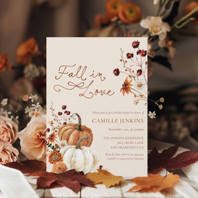 Invitación Cae en amor Rústica Calabaza Floral Ducha de novia (Fall in Love Rustic Autumn Bridal Shower invitation)