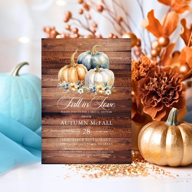 Invitación Cae en amor Rústico de la ducha de novia calabazas (Fall in Love Rustic Bridal Shower Gold Pumpkins Invitation)