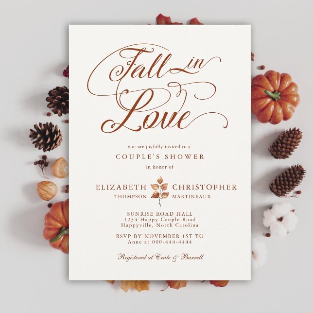 Invitación Cae en amor Terracota ducha de dos hojas de otoño (fall in love couple wedding shower invitation romantic calligraphy terracotta elegant rustic boho)